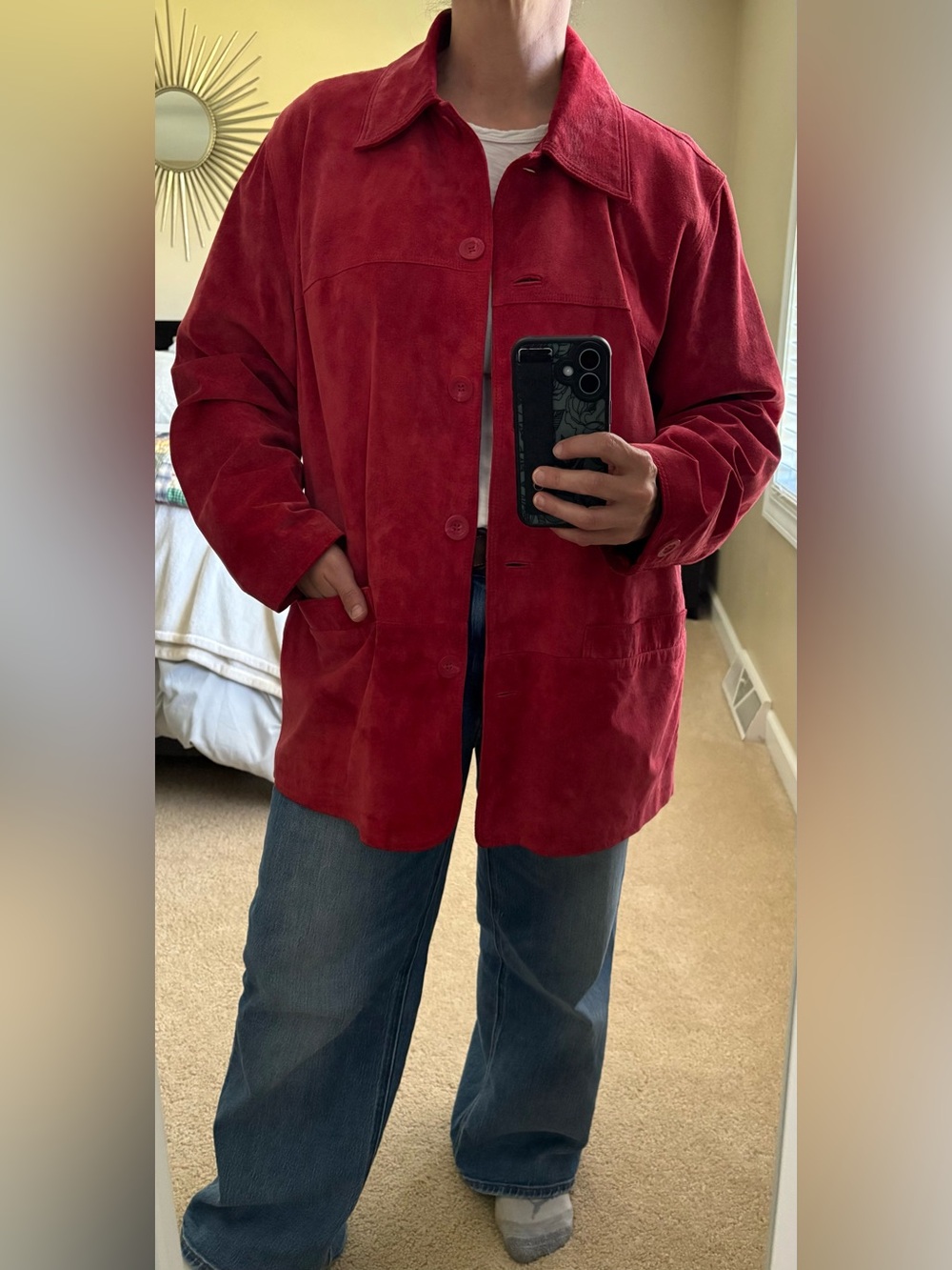 Vintage St. John’s Bay Jacket Women’s Large Red Button Up Suede Leather 90’s